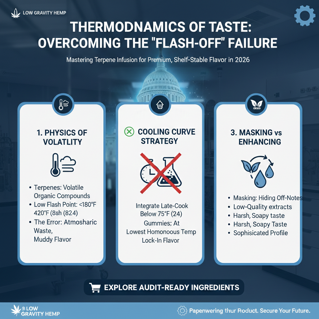 Thermodynamics of Taste: Overcoming the ‘Flash-Off’ Failure in Large-Scale Formulation