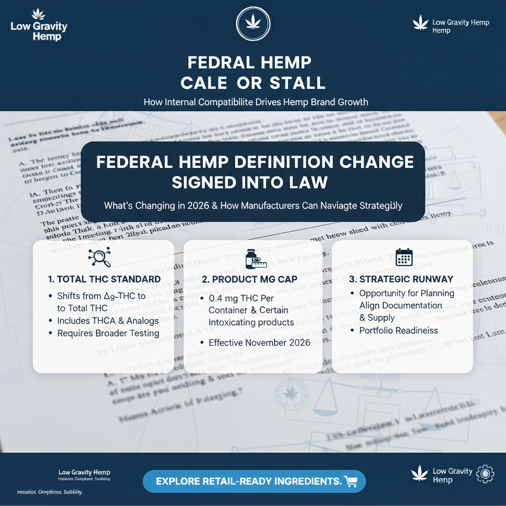 📰  Federal Hemp Definition Change Signed Into Law: What’s Changing in 2026 and How Manufacturers Can Navigate the Runway Strategically