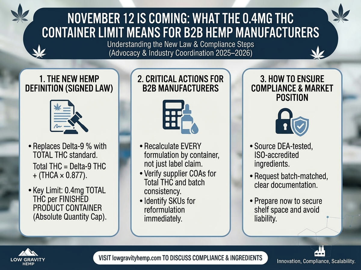 Hemp 0.4mg THC Container Limit 2026 | B2B Manufacturer Compliance Guide