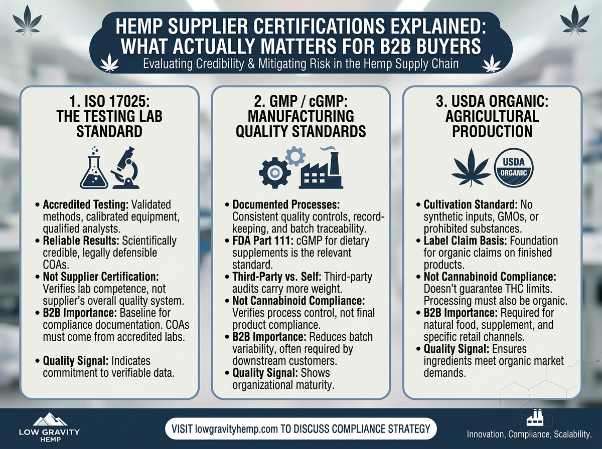 Hemp Supplier Certifications Explained: What Actually Matters for B2B Buyerse