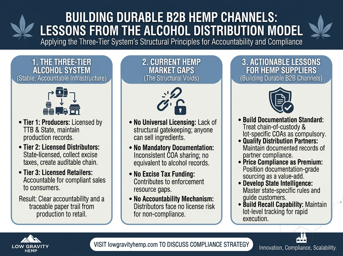 What the Alcohol Distribution Model Teaches Hemp Ingredient Suppliers About Building Durable B2B Channels