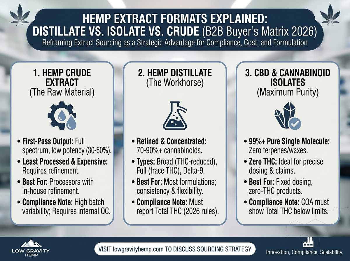 Hemp Extract Formats Explained: Distillate vs. Isolate vs. Crude — What B2B Buyers Need to Know