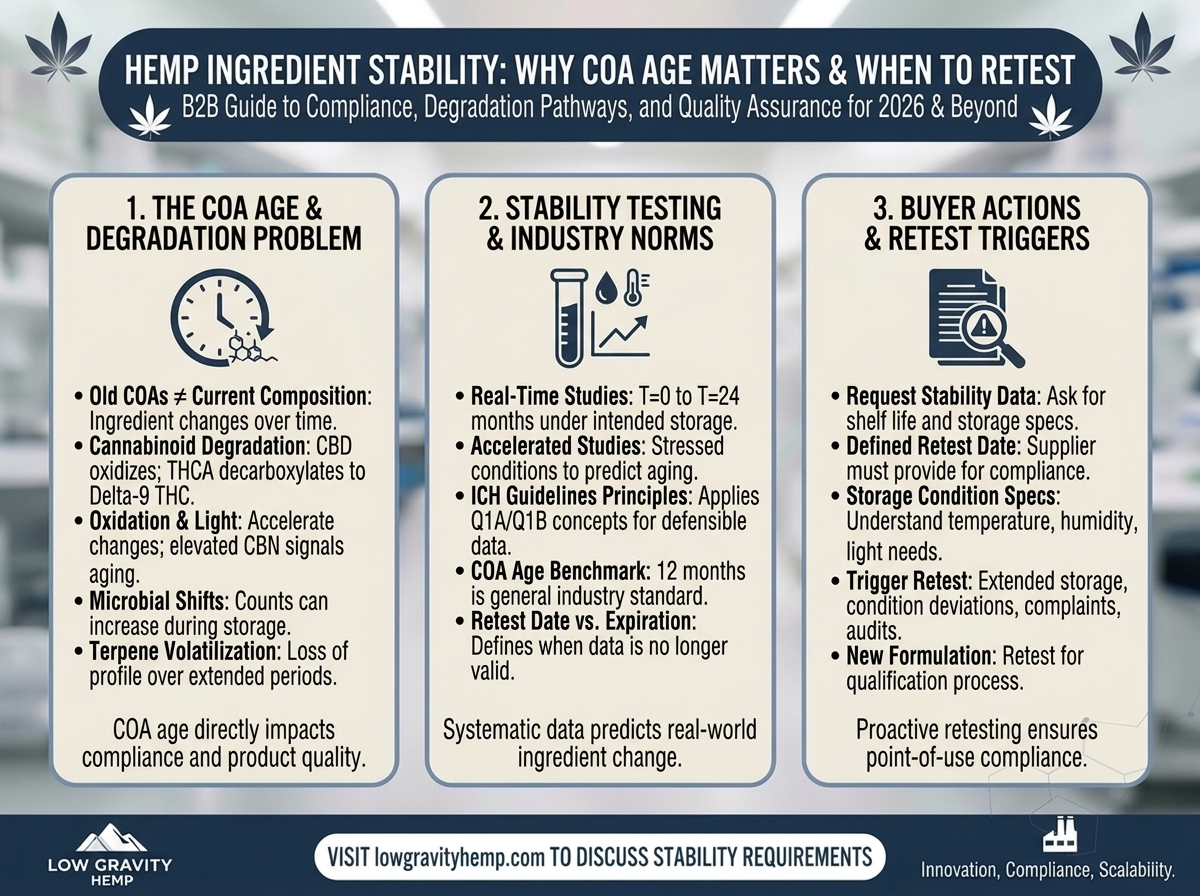 Hemp Ingredient Stability Testing: Why COA Age Matters and When to Retest