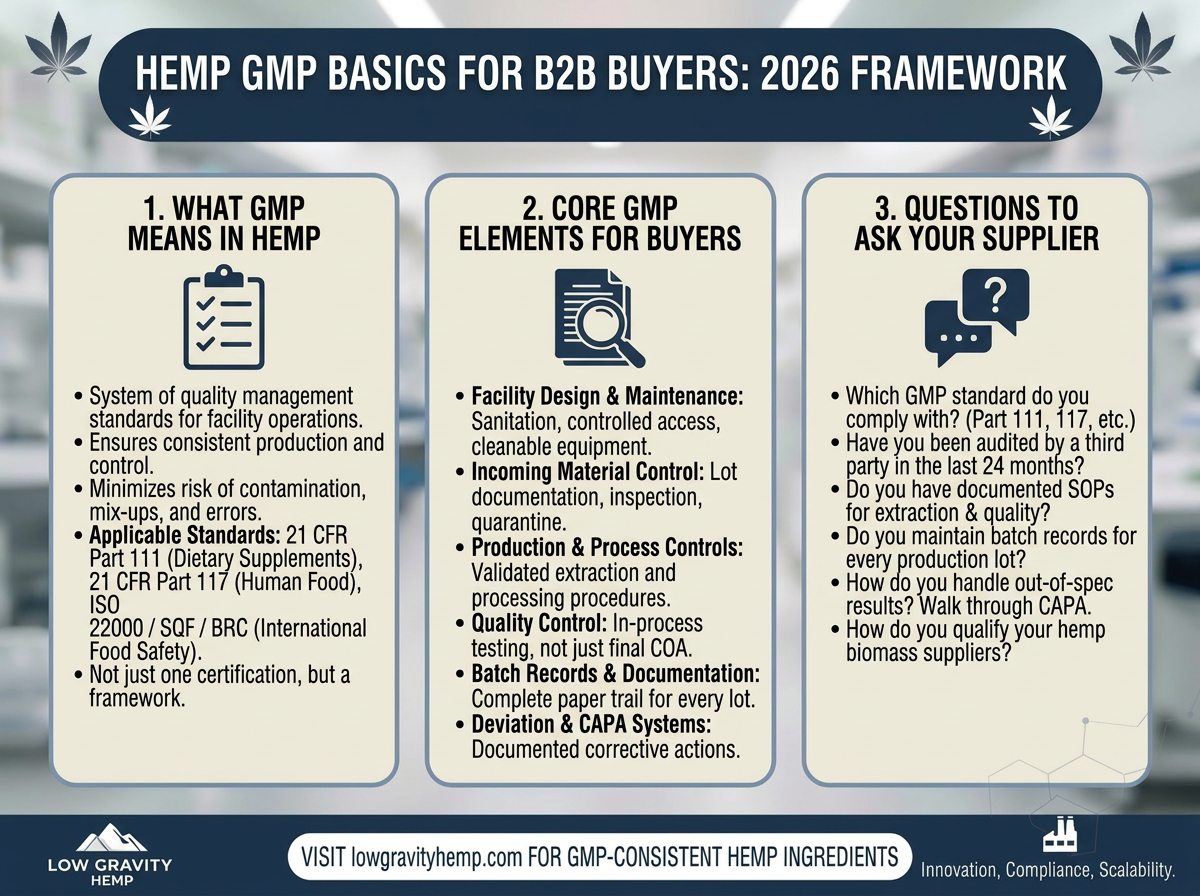 GMP Basics for Hemp Ingredient Buyers: What to Ask Your Supplier and Why It Matters in 2026