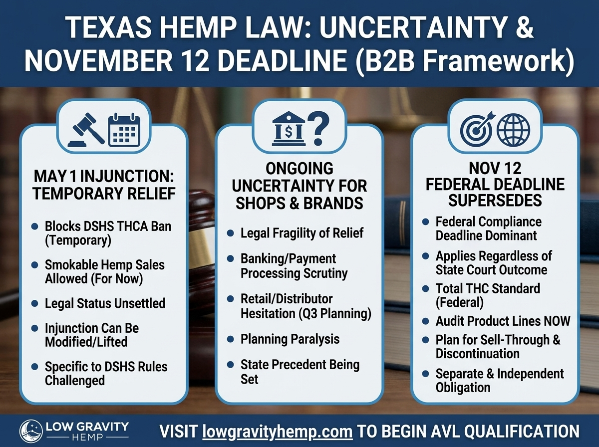Texas Hemp Smoke Shops Face Continuing Uncertainty After May 1 Injunction — What the Ongoing Lawsuit Means