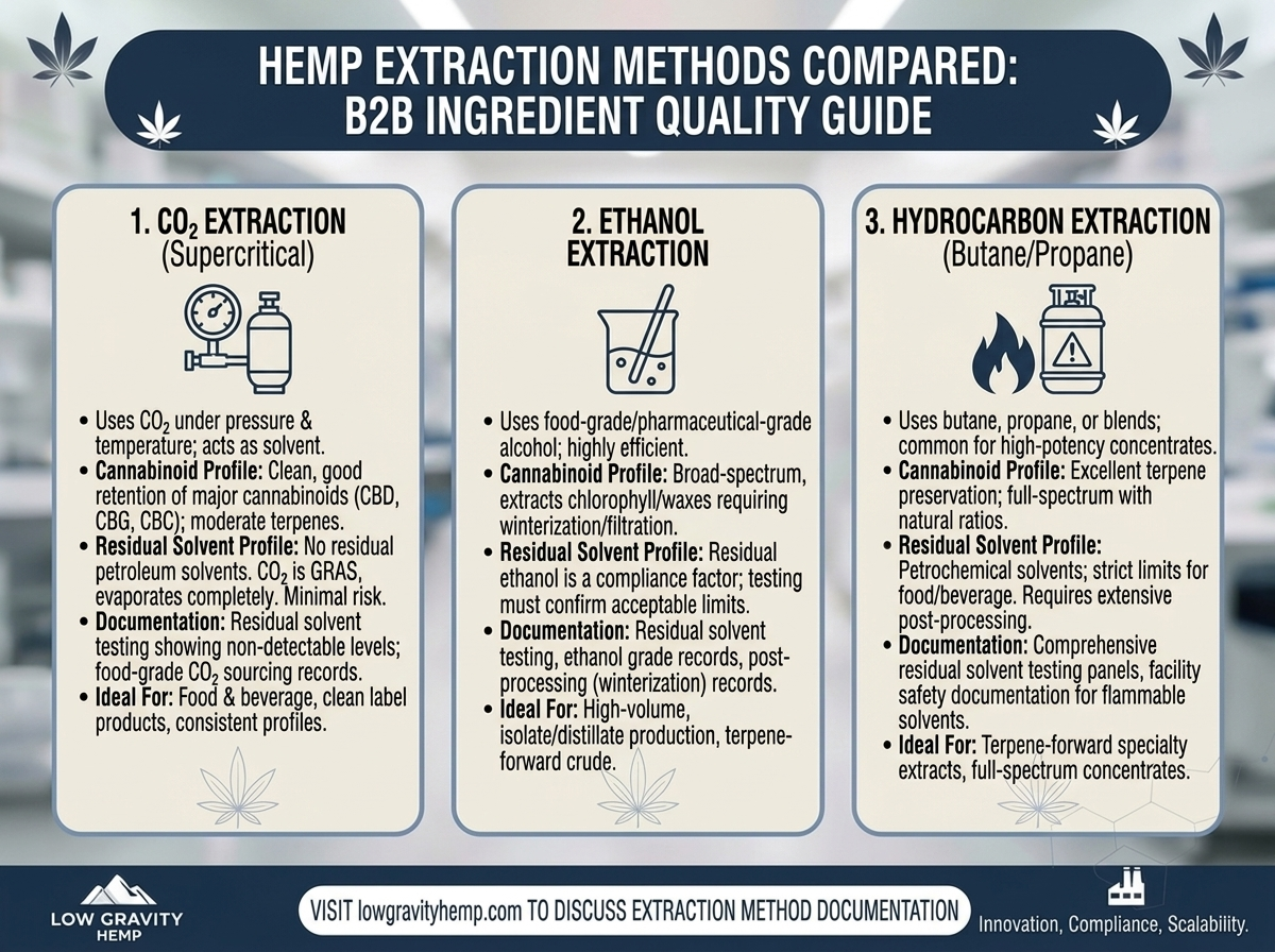 Hemp Extraction Methods Compared: What CO₂, Ethanol, and Hydrocarbon Mean for Ingredient Quality