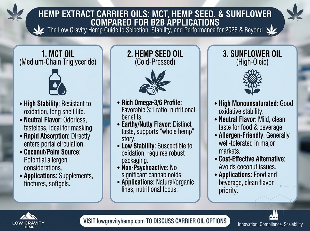 Hemp Extract Carrier Oils: MCT, Hemp Seed, and Sunflower Compared for B2B Applications