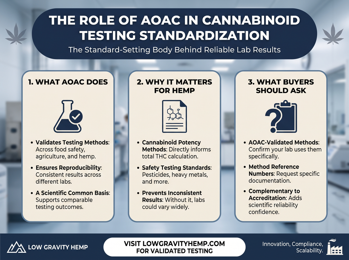 The Role of AOAC in Cannabinoid Testing Standardization infographic