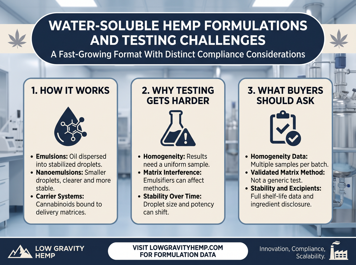 Water-Soluble Hemp Formulations and Testing Challenges infographic