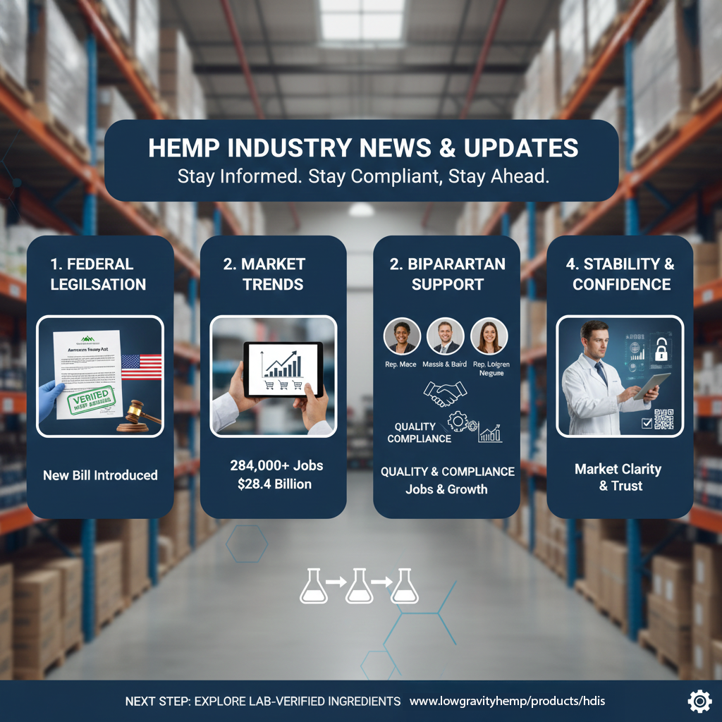 Hemp industry news and updates infographic with warehouse background